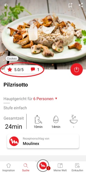 highlighting rating & comments feature from recipe page in the Cookeo app